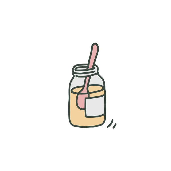 Glas mit Zuckersirup oder Honig und Löffel, Doodle-Vektor-Illustration isoliert. — Stockvektor