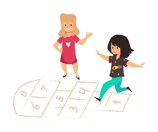 Meninas amigos jogando hopscotch juntos ilustração vetorial plana isolado. —  Vetores de Stock