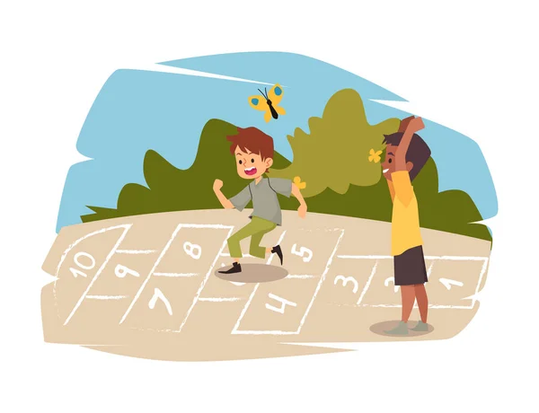 Jongens vrienden spelen hopscotch buiten platte vector illustratie geïsoleerd. — Stockvector