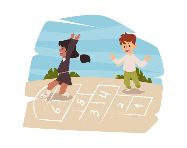Bambini attivi divertirsi giocando hopscotch all'aperto, illustrazione vettoriale isolato. — Vettoriale Stock