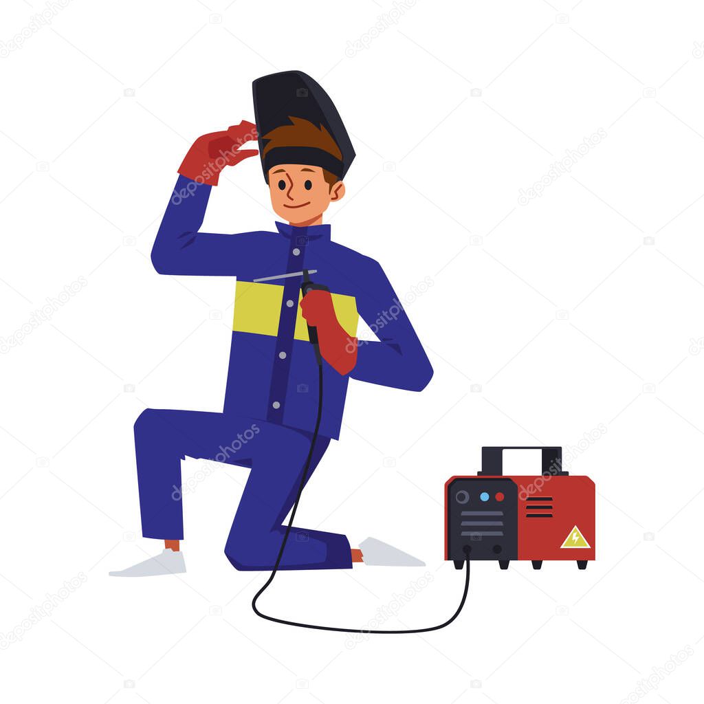 Welders male character in protective suit flat vector illustration isolated.