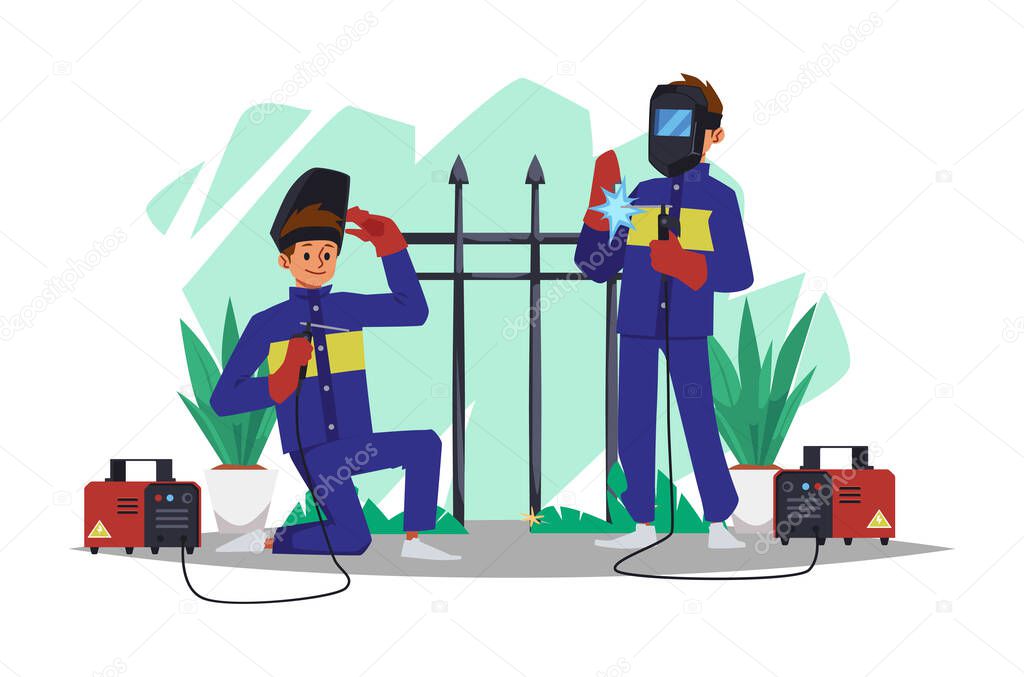 Banner with welders repairing fence, cartoon flat vector illustration isolated.