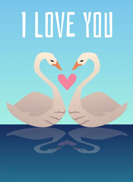 Te amo tarjeta para el día de San Valentín con cisnes amorosos, ilustración de vector plano. — Vector de stock