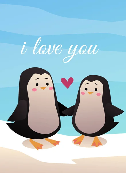 Пара животных, открытка с двумя милыми пингвинами влюбляются в вектора — стоковый вектор