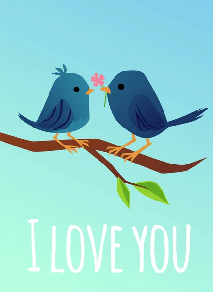 Cute loving spring birds chirping on tree, flat cartoon vector illustration. — Stock Vector