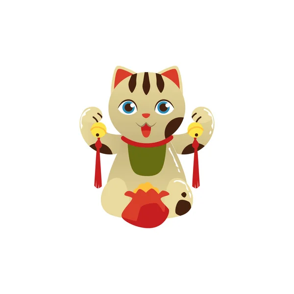 Maneki Neko Katt Med Guld Mynt Tecknad Platt Vektor Illustration — Stock vektor