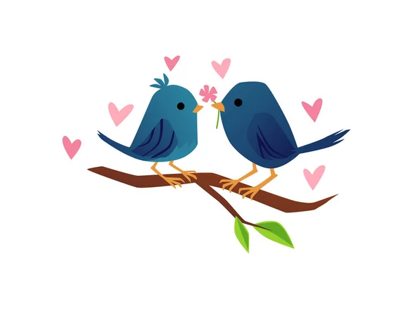 Dwie Ptaki Siedzące Gałęzi Liśćmi Romantyczna Para Rysunek Płaski Wektor — Wektor stockowy