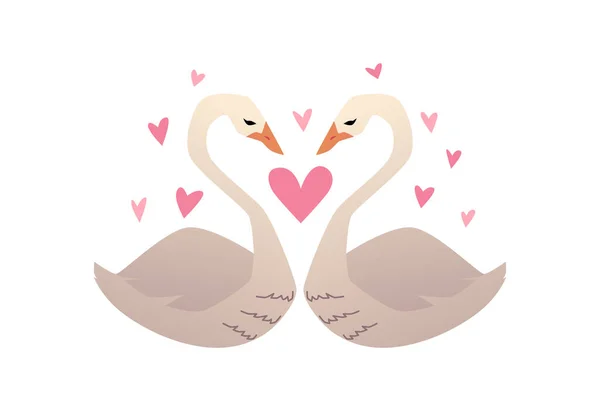 Two Swans Love Heads Shape Heart Cartoon Flat Vector Illustration — Stock Vector
