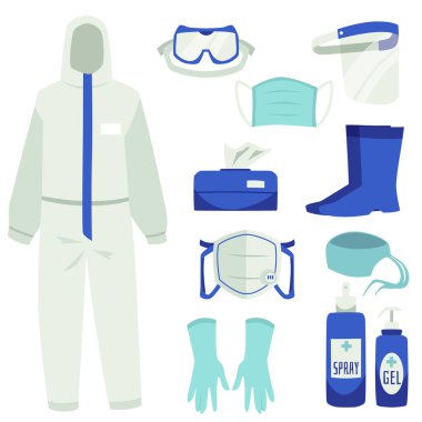 Tıbbi Koruyucu Ekipman veya PPE seti, beyaz arkaplanda izole edilmiş düz çizgi film vektör çizimi. Tıbbi personel enfeksiyonunu önlemek için gerekli malzemeler..