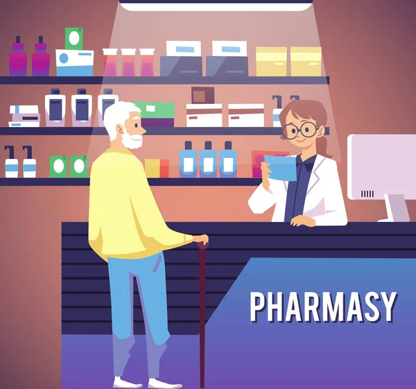 Scena Apteki Starszym Mężczyzną Kupującym Leki Farmaceuta Czyta Recepty Płaska — Wektor stockowy