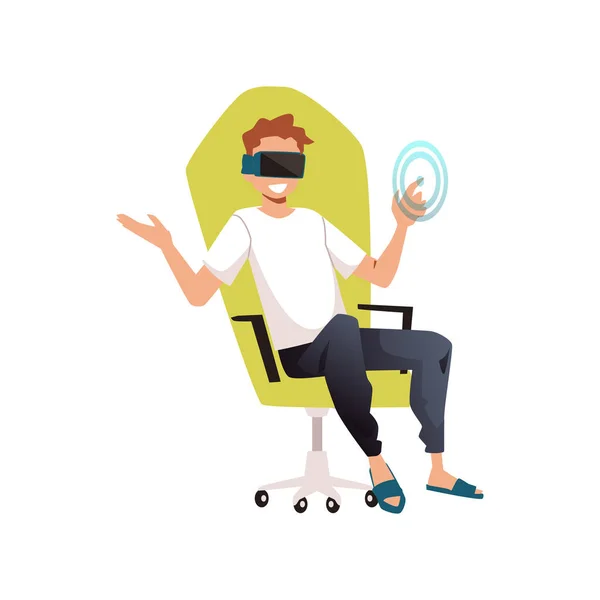 Pleased Young Boy Sitting Computer Chair Virtual Reality Glasses Flat — Stock Vector