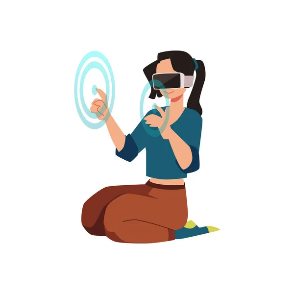 Mulher Sentada Com Óculos Apontando Dedos Holograma Ilustração Vetorial Plana — Vetor de Stock