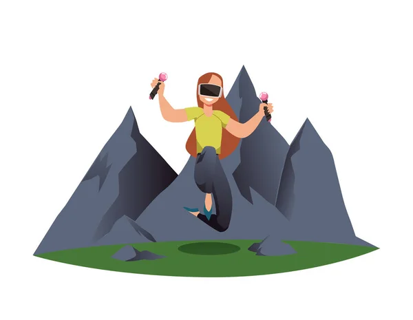 Femme Heureuse Sautant Dans Les Montagnes Portant Casque Illustration Vectorielle — Image vectorielle