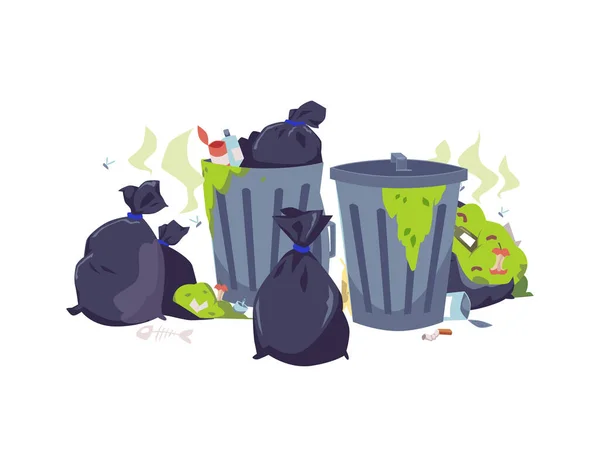 Stinkende Mülltonnen Und Müllsäcke Mit Fliegen Und Morschen Essensresten Flache — Stockvektor