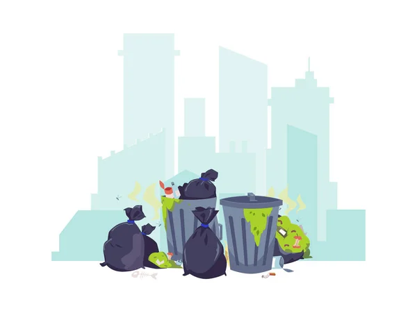 Müllberge Vor Dem Stadtbild Schwarze Müllsäcke Und Metallbehälter Flache Vektorabbildung — Stockvektor