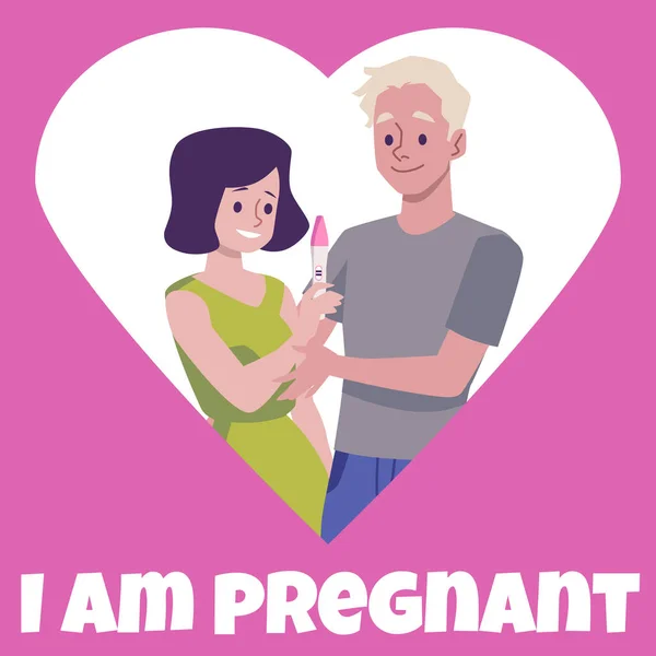夫妇在公告海报上举行阳性妊娠测试 平面病媒图解 卡通人物的妻子和丈夫的心形 等孩子的父母 — 图库矢量图片