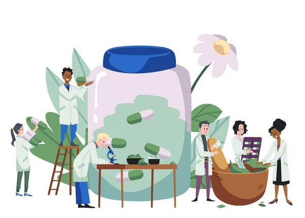 人们制造草药 把药丸放在巨大的玻璃瓶扁平的风格 病媒说明孤立在白色背景 白色外套里的人物顺势疗法概念 — 图库矢量图片