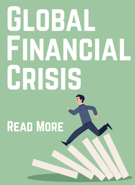 关于全球金融危机的横幅扁平风格 矢量图解 绿色背景 悲壮人物在多米诺骨牌坠落的影响下奔跑 阅读更多的文字 — 图库矢量图片