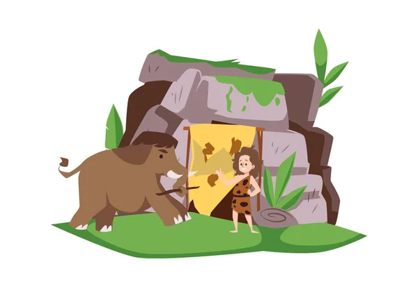 石器时代的小孩和猛犸象在洞穴前玩耍 平面的矢量图解被白色背景隔开 史前时期有趣的卡通人物 新生代的野生哺乳动物 — 图库矢量图片