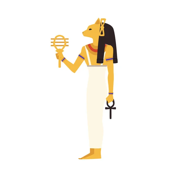 埃及神巴塞特人物形象扁平 矢量图解在白色背景上孤立 古代爱猫的女神 手里拿着脚踝的宗教人物 — 图库矢量图片