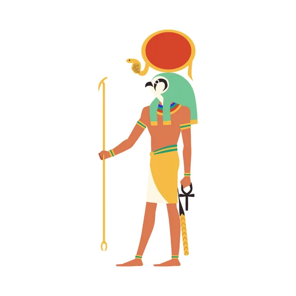 埃及神Ra字符与权杖和脚踝扁平的风格 矢量图形孤立在白色背景 古代猎鹰头及人体太阳神 — 图库矢量图片