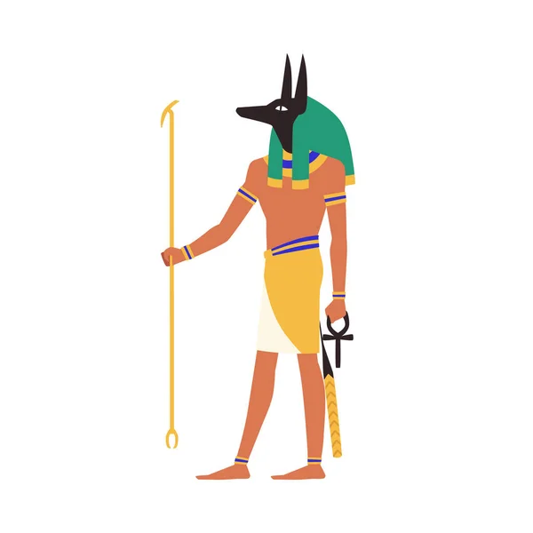 Ägyptische Anubis Altägyptische Gottheit Mit Schakalkopf Flache Cartoon Vektorillustration Isoliert — Stockvektor