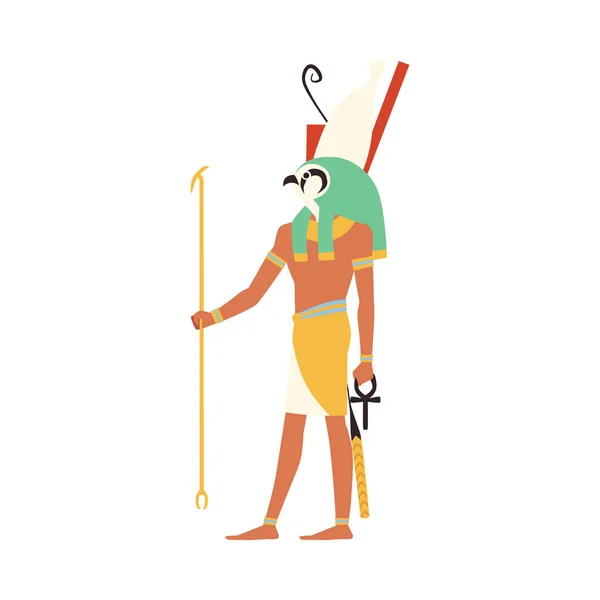 荷鲁斯埃及天神全长肖像画 平面漫画矢量图解孤立在白色背景上 头戴猎鹰头的埃及神或神荷鲁斯 — 图库矢量图片