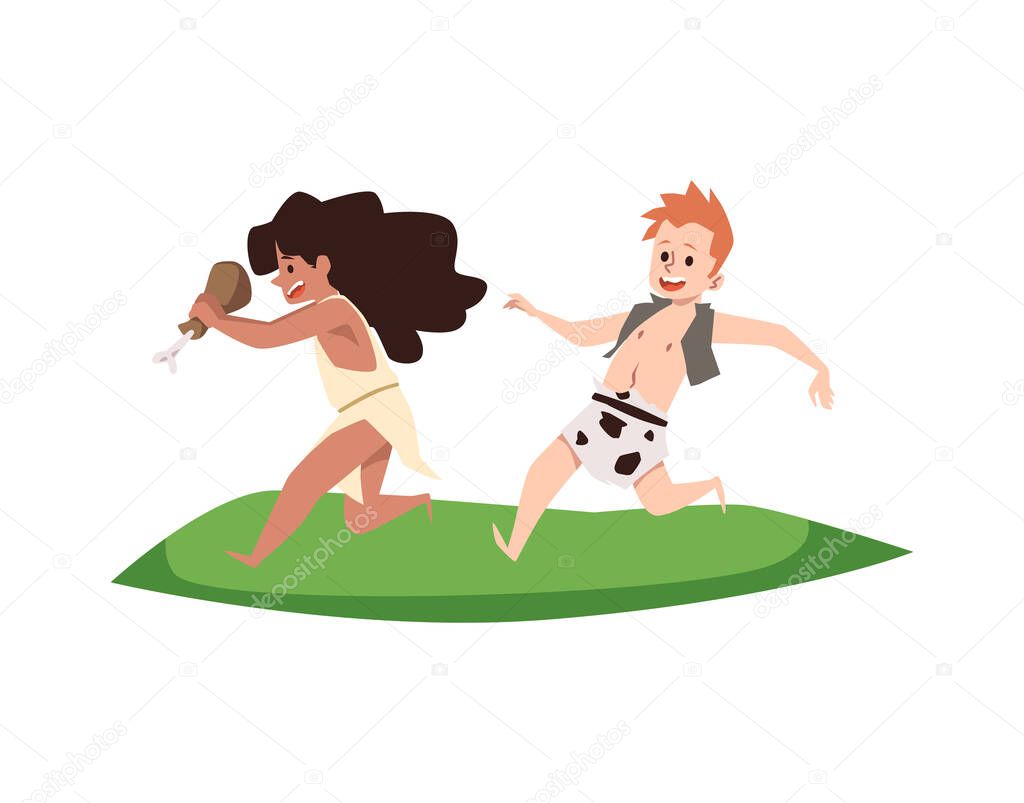 Stone age prehistoric man and woman cartoon characters, flat vector illustration isolated on white background. Primitive cave people or neanderthals personages.