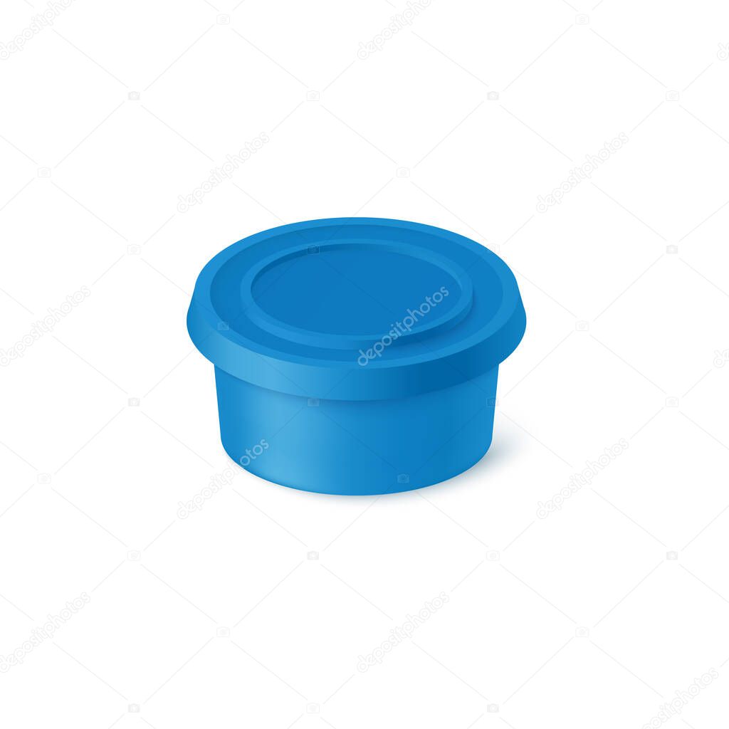 Small blue realistic container for different sauces or cosmetics, vector illustration isolated on white background. Round closed plastic jar, packaging design template