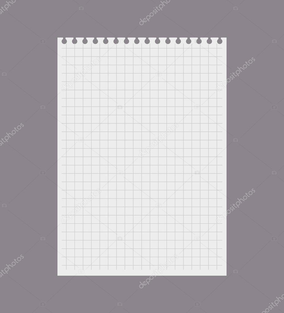 Blank torn page from notebook or checkered notepad, realistic vector illustration isolated on neutral gray background. Paper empty sheet mockup for text and notice.