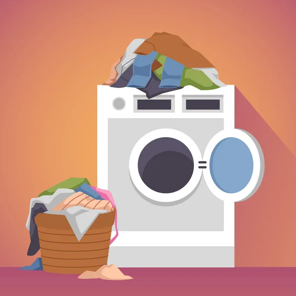 Waschmaschine Der Waschküche Mit Einem Stapel Schmutziger Wäsche Flacher Vektordarstellung — Stockvektor