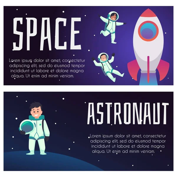 Astronaut Dítě Kreslené Postavičky Skafandru Létat Vesmíru Beztíže Ploché Ilustrace — Stockový vektor