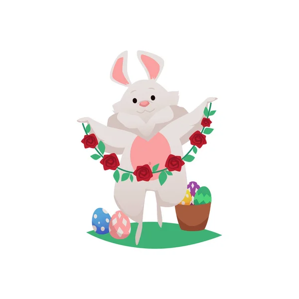 かわいい漫画イースターウサギは白い背景に隔離されたその芝生の中で花の庭でジャンプします ふわふわのウサギのベクトルイラスト イースターカラーの卵のバスケットお祝いや装飾 — ストックベクタ