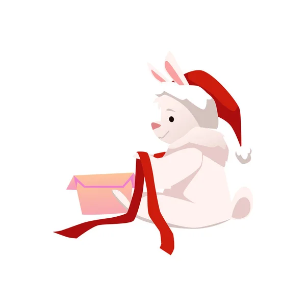 Симпатичный Картонный Кролик Шляпе Санта Сидит Упаковывает Подарочную Коробку Плоском — стоковый вектор