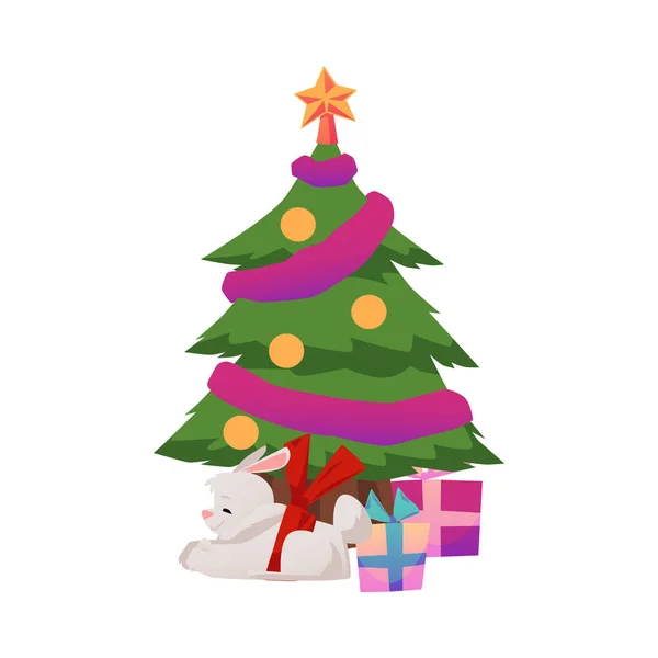 Lindo Conejo Dibujos Animados Bajo Árbol Navidad Con Regalos Ilustración — Vector de stock