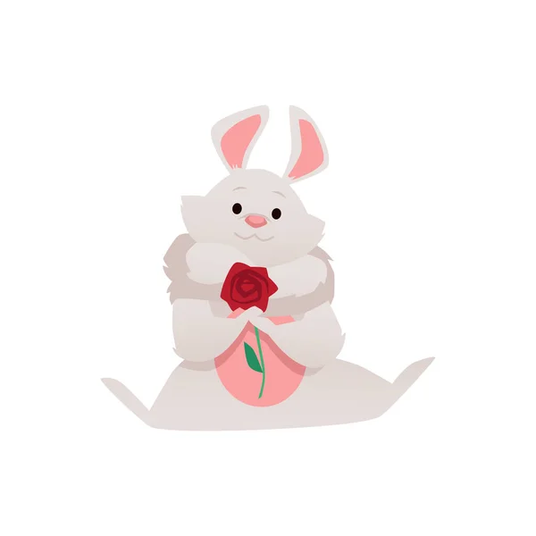 可爱的白兔 爪子上有玫瑰 白色背景上有平坦的卡通矢量图解 可爱的兔子或兔子 用于T恤衫印花和情人节卡片 — 图库矢量图片