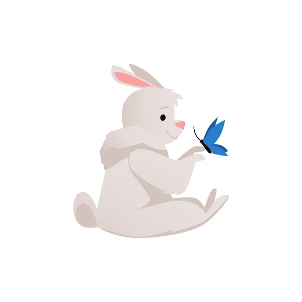 Lindo Conejo Dibujos Animados Con Mariposa Azul Estilo Plano Pata — Vector de stock