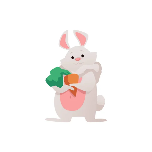可爱的兔子坐在那里 爪子拿着胡萝卜 白色背景上孤立的平面卡通矢量图解 可爱有趣的兔子或兔子动物的指纹 — 图库矢量图片