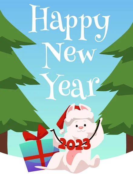 Happy New Year Vertical Banner Cute Rabbit Character Flat Style — Stock Vector