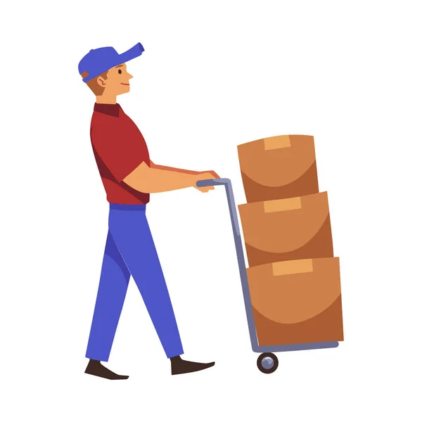 Loader Levering Man Vervoert Stapel Dozen Trolley Platte Vector Illustratie — Stockvector