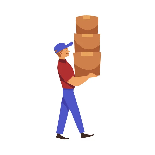 Loader Delivery Man Carrying High Stack Boxes Flat Vector Illustration — Stock Vector