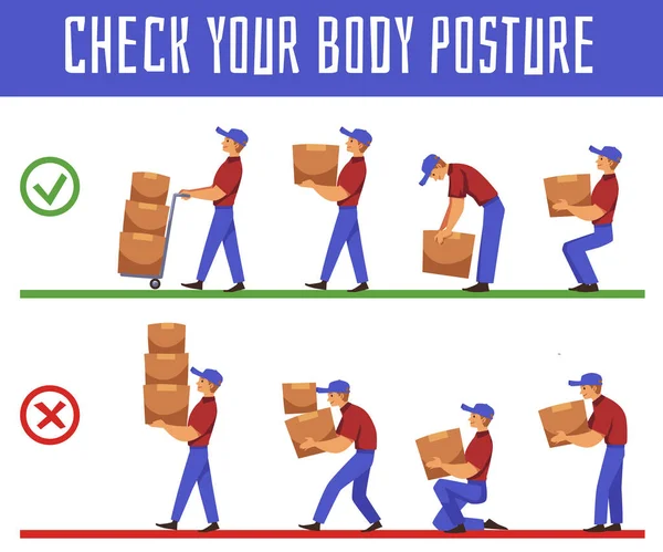 Controlla Postura Del Tuo Corpo Trasportare Pesi Carichi Pesanti Illustrazione — Vettoriale Stock
