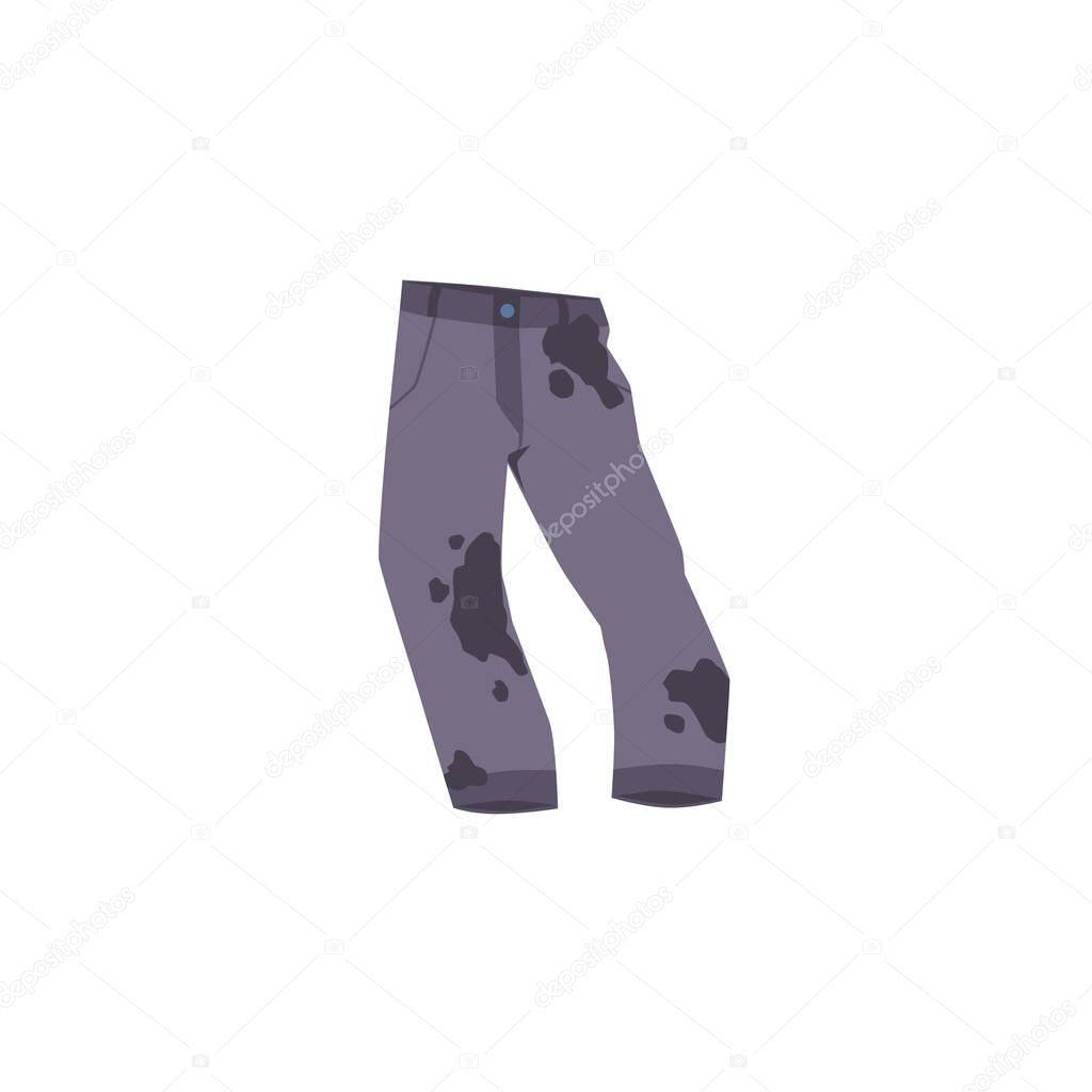 Gray dirty pants on white background. Untidy trousers with spots, stains vector flat illustration. Dirty clothes before washing