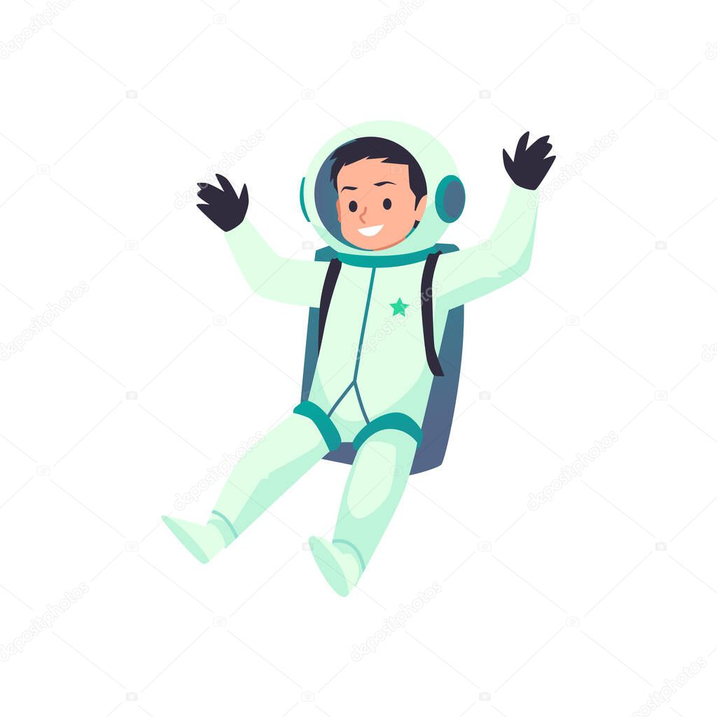 Astronaut kid cartoon character in spacesuit flies in zero gravity isolated on white background. Flat illustration with cute smiling spaceman boy. Space adventures, travel through universe