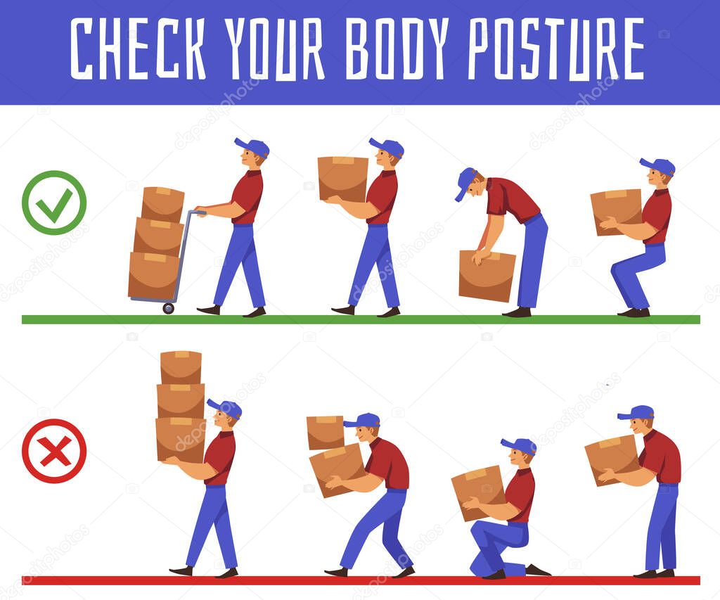 Check your body posture for carrying heavy weights and loads, flat vector illustration isolated. Safety manual handling and transportation of cargo concept.