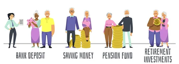 Banner Penzijního Fondu Kreslenými Starými Lidmi Šetřícími Peníze Starší Páry — Stockový vektor
