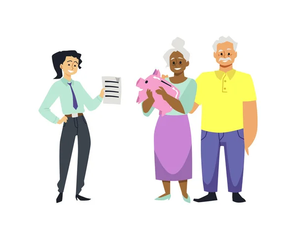 Emeklilik Fonu Konsepti Karikatür Ihtiyarların Banka Depozitosu Açması Yaşlı Çiftler — Stok Vektör