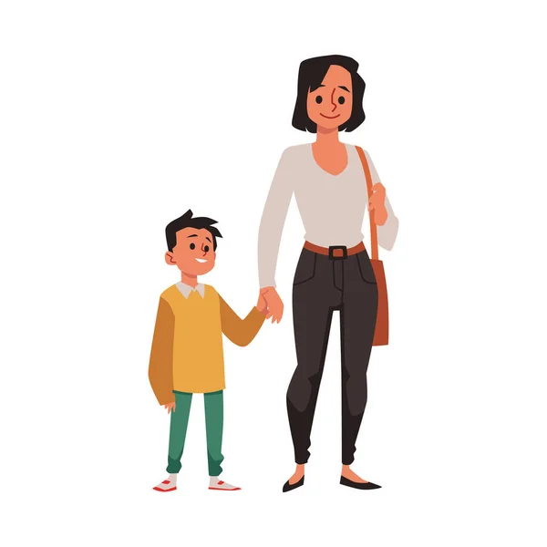 Moeder Kind Lopen Samen Hand Hand Platte Cartoon Vector Illustratie — Stockvector