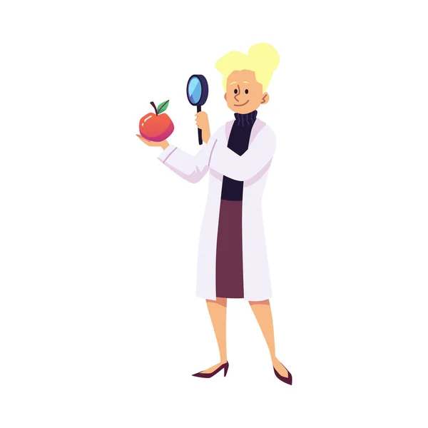 Mujer Científica Mira Manzana Través Lupa Ilustración Vectorial Plana Aislada — Vector de stock