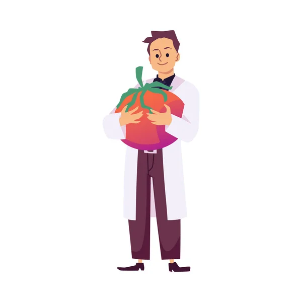 巨大なトマトを保持している研究室のコートの農学者の男性漫画のキャラクター 白い背景に隔離されたフラットスタイルのベクトルイラスト 農業と農業のための農業 — ストックベクタ